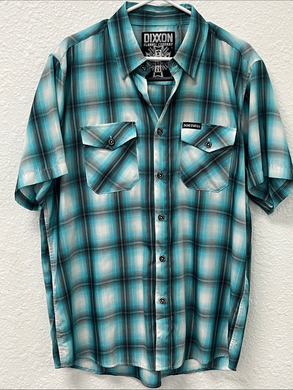 Dixxon “Dog Town”Teal Plaid Short-Sleeve Button-Up Shirt #1098